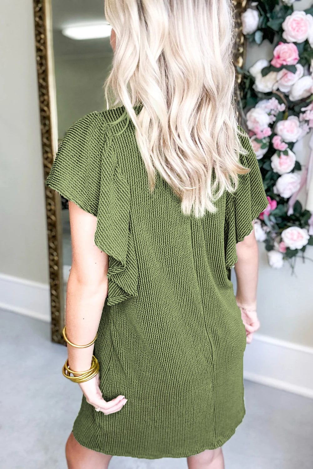 Grass Green Ribbed Shift Dress with Flutter Sleeves