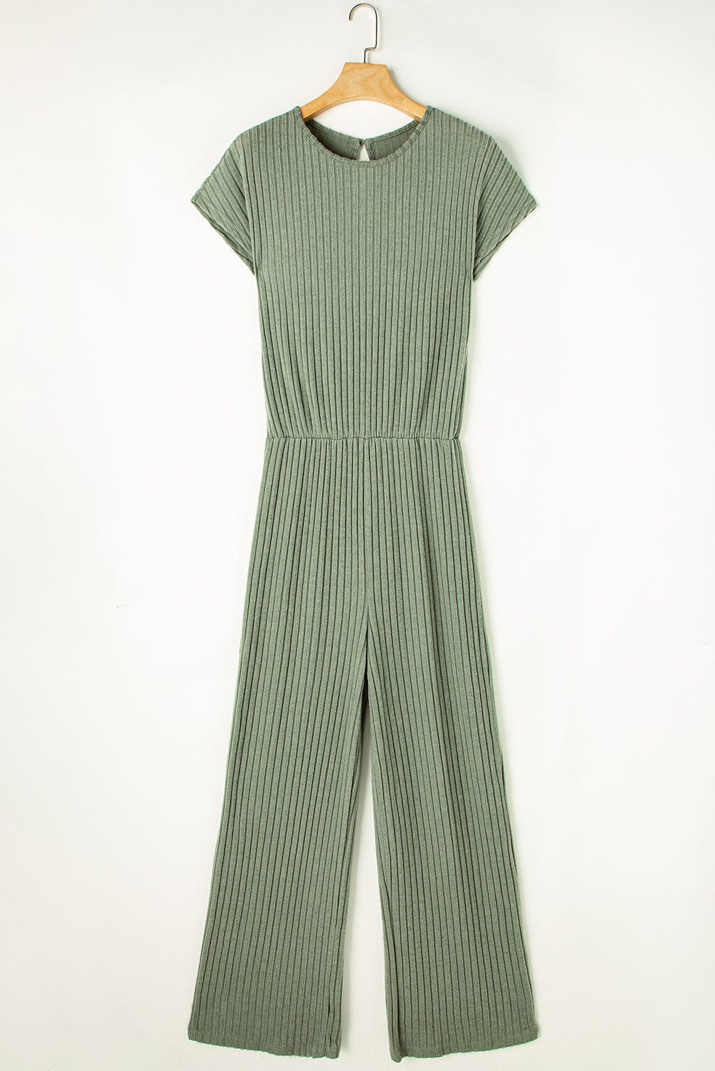 Grass Green Ribbed Wide Leg Jumpsuit with Short Sleeves