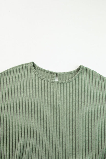 Grass Green Ribbed Wide Leg Jumpsuit with Short Sleeves