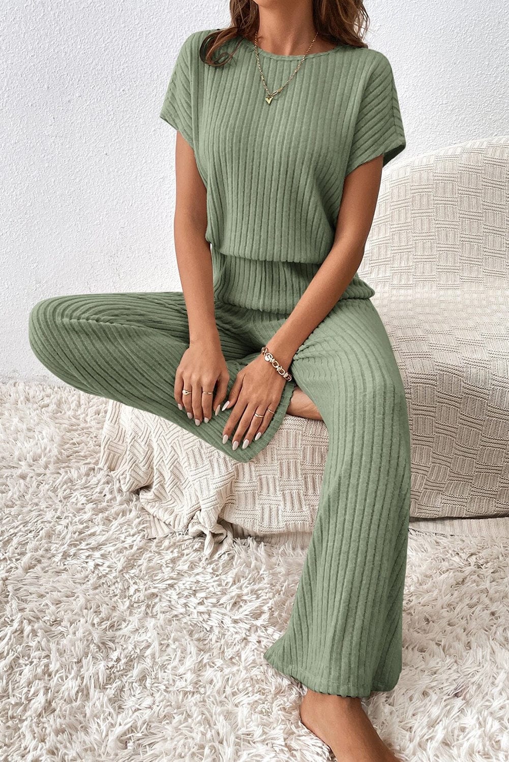 Grass Green Ribbed Wide Leg Jumpsuit with Short Sleeves