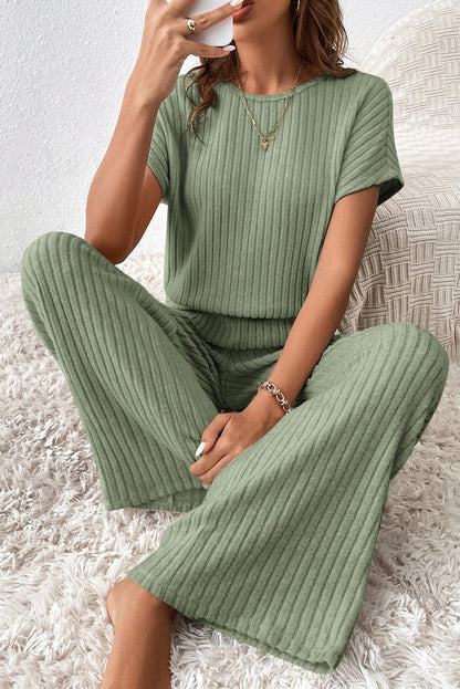 Grass Green Ribbed Wide Leg Jumpsuit with Short Sleeves