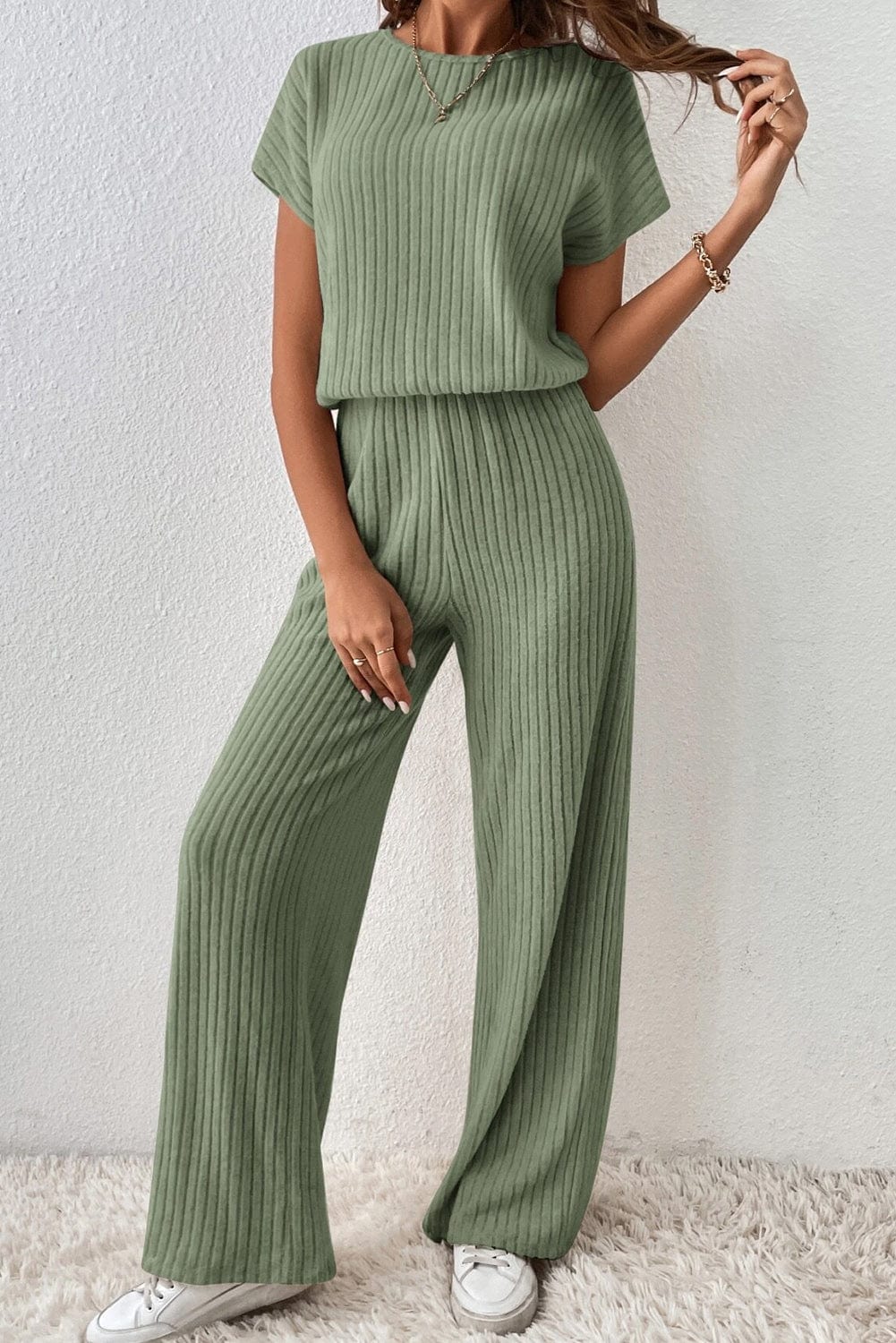 Grass Green Ribbed Wide Leg Jumpsuit with Short Sleeves