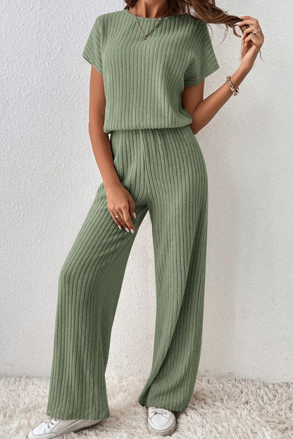 Grass Green Ribbed Wide Leg Jumpsuit with Short Sleeves