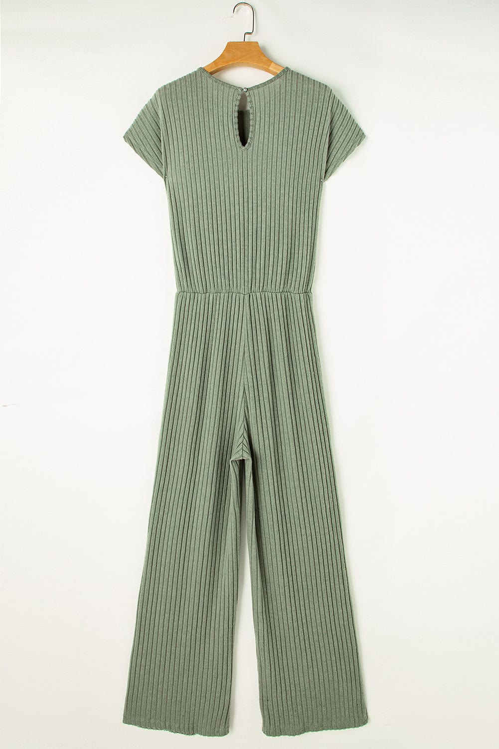 Grass Green Ribbed Wide Leg Jumpsuit with Short Sleeves