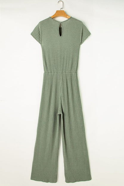 Grass Green Ribbed Wide Leg Jumpsuit with Short Sleeves