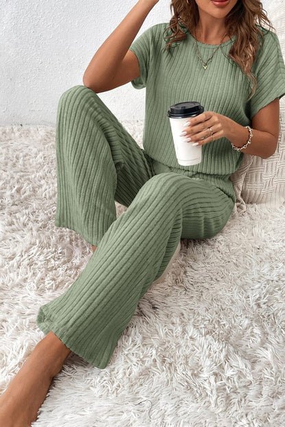 Grass Green Ribbed Wide Leg Jumpsuit with Short Sleeves