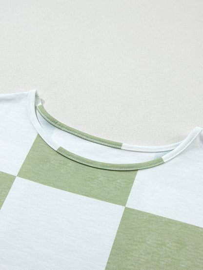 Grassy Checkered Print Blouse with Shirred Sleeves