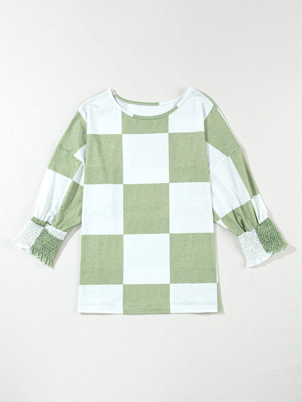 Grassy Checkered Print Blouse with Shirred Sleeves