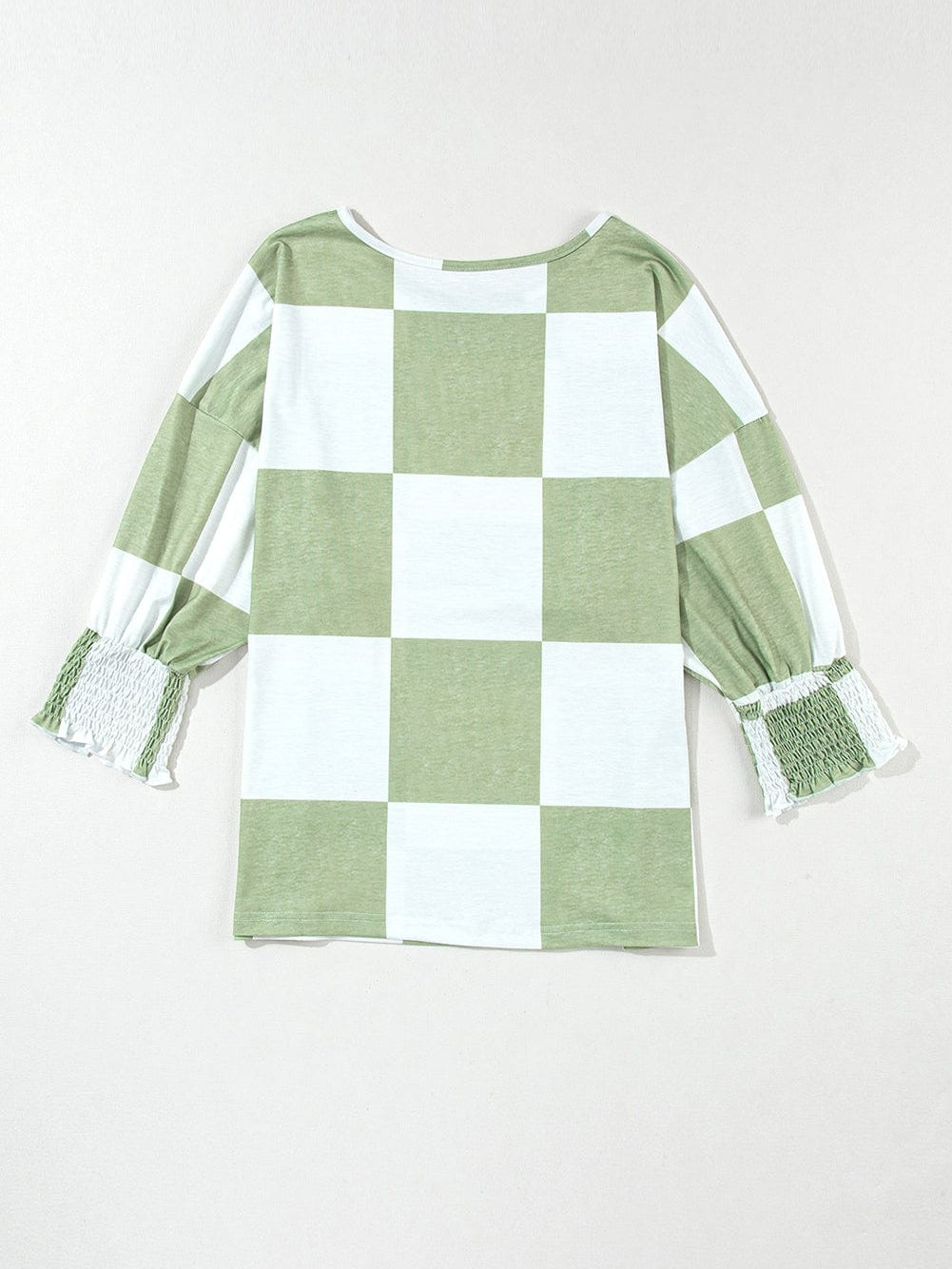 Grassy Checkered Print Blouse with Shirred Sleeves