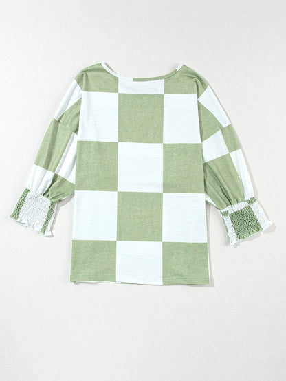 Grassy Checkered Print Blouse with Shirred Sleeves