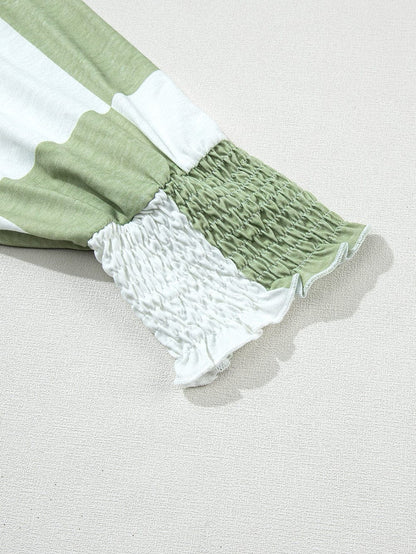 Grassy Checkered Print Blouse with Shirred Sleeves