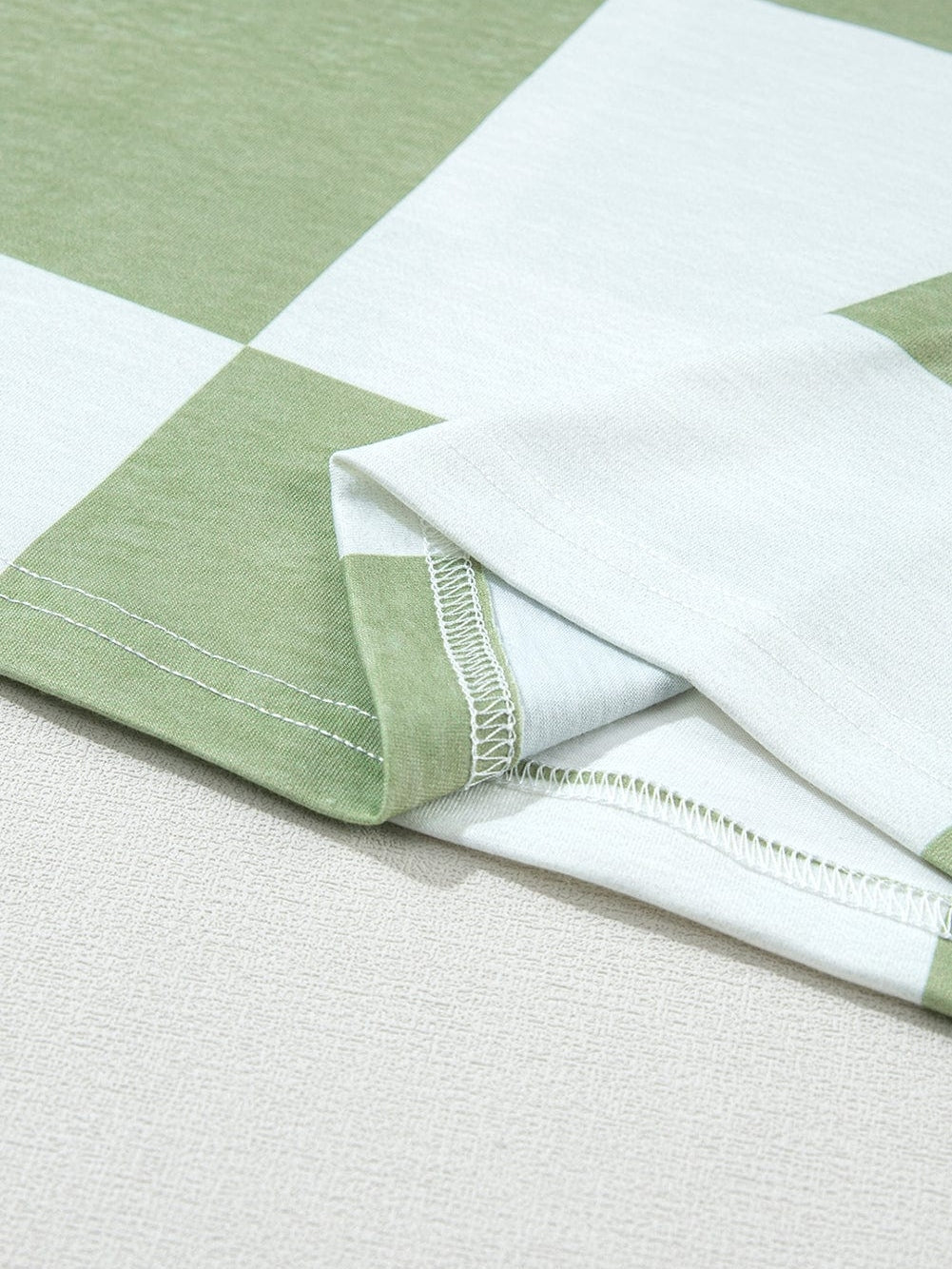 Grassy Checkered Print Blouse with Shirred Sleeves