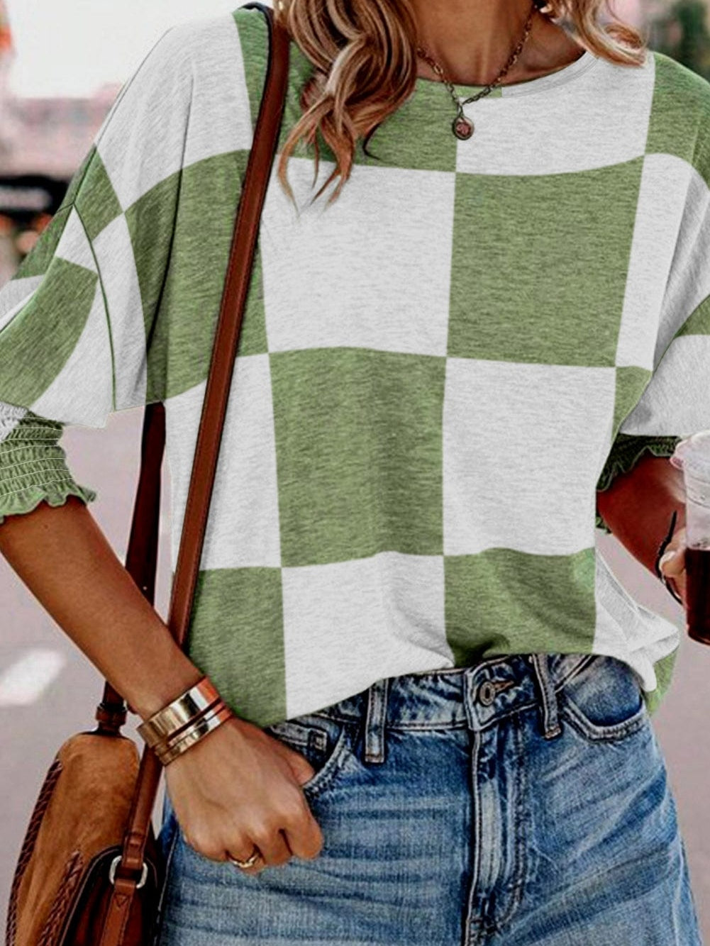 Grassy Checkered Print Blouse with Shirred Sleeves