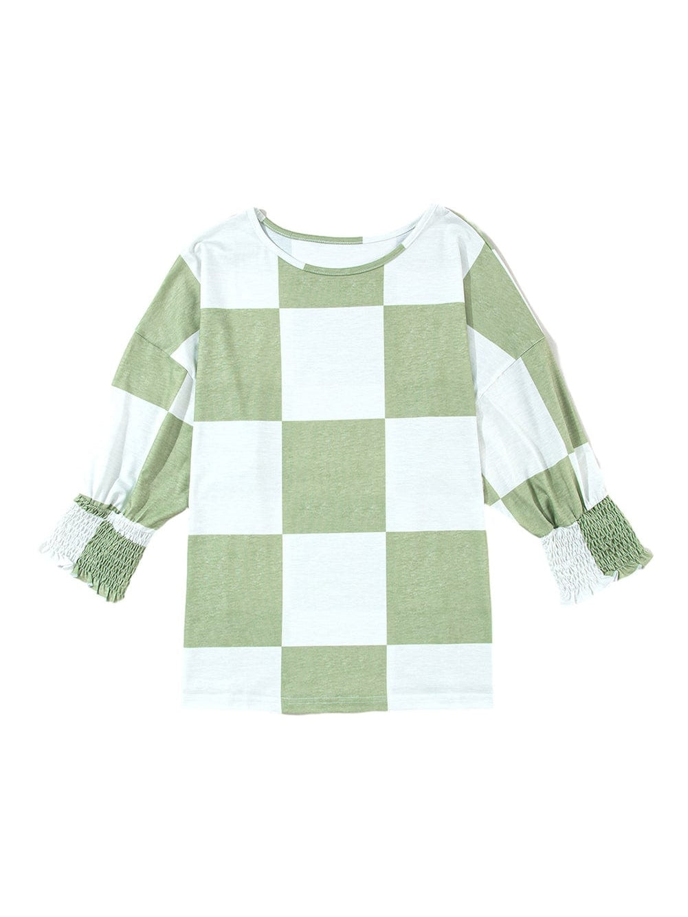 Grassy Checkered Print Blouse with Shirred Sleeves