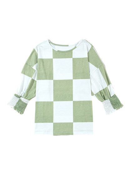 Grassy Checkered Print Blouse with Shirred Sleeves