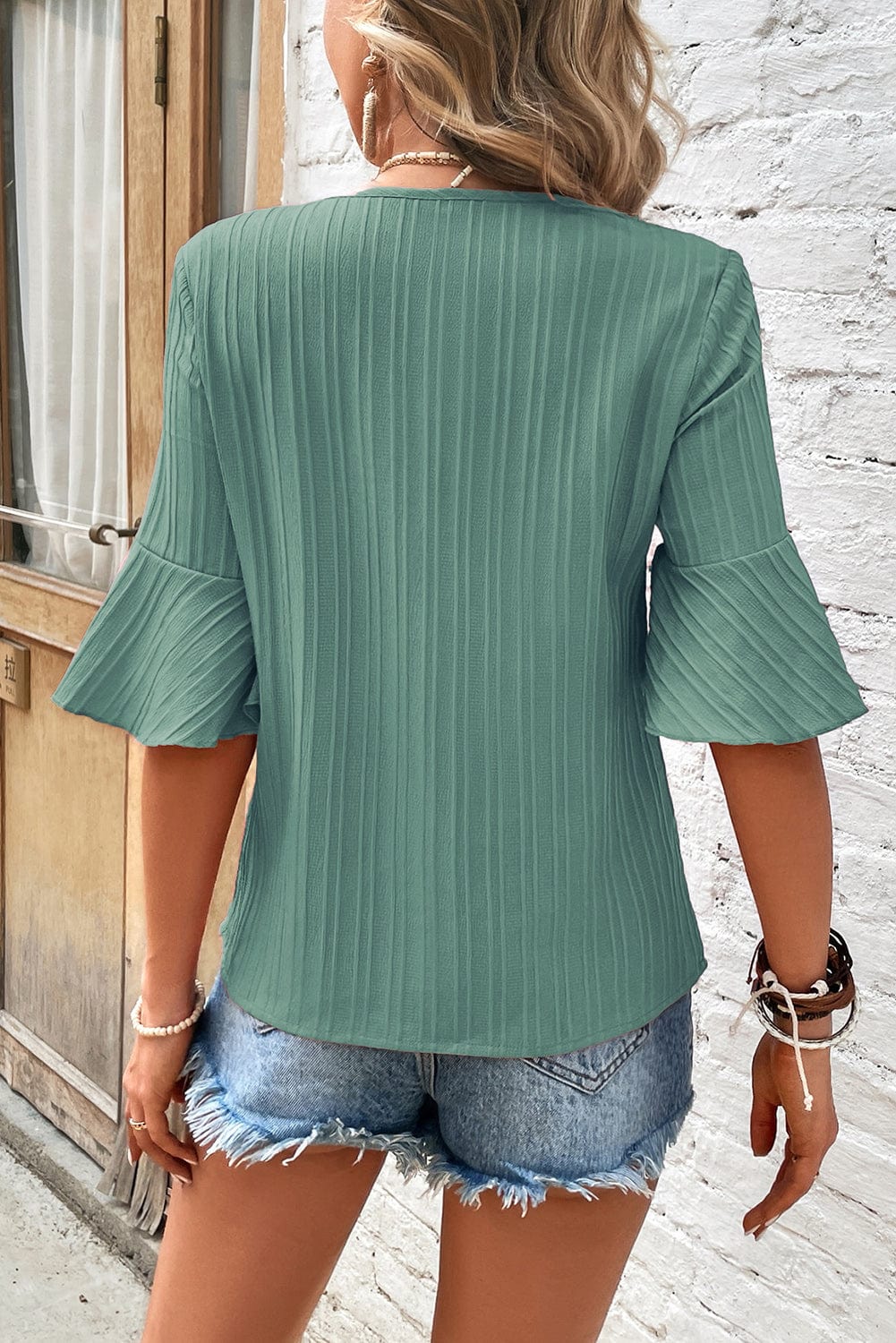 Grassy Green Textured V Neck Ruffle Sleeve Top