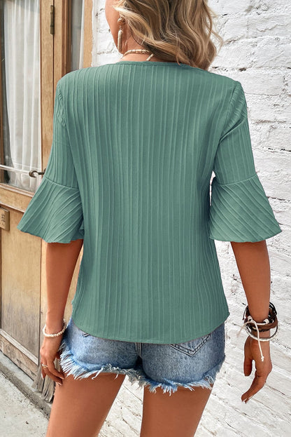 Grassy Green Textured V Neck Ruffle Sleeve Top