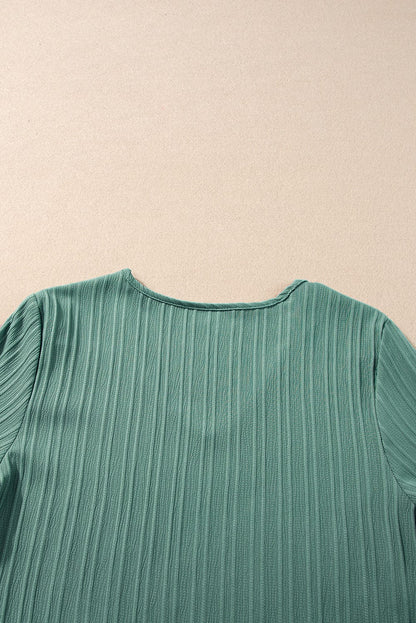 Grassy Green Textured V Neck Ruffle Sleeve Top