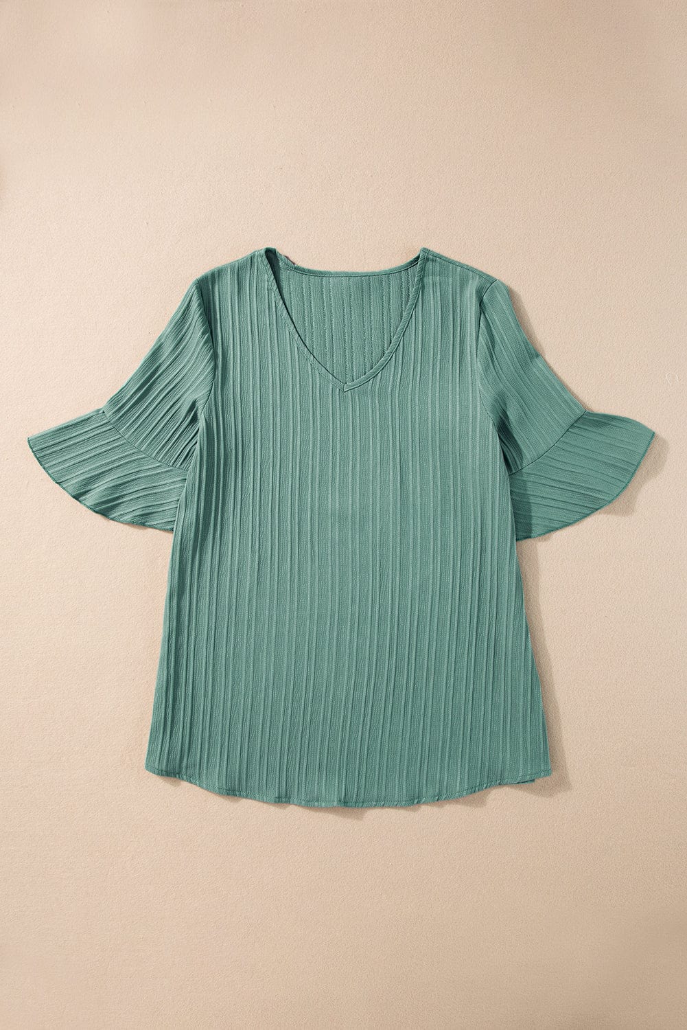 Grassy Green Textured V Neck Ruffle Sleeve Top