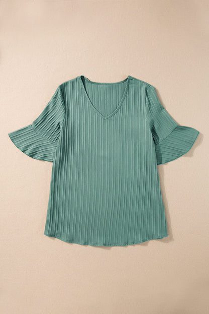 Grassy Green Textured V Neck Ruffle Sleeve Top