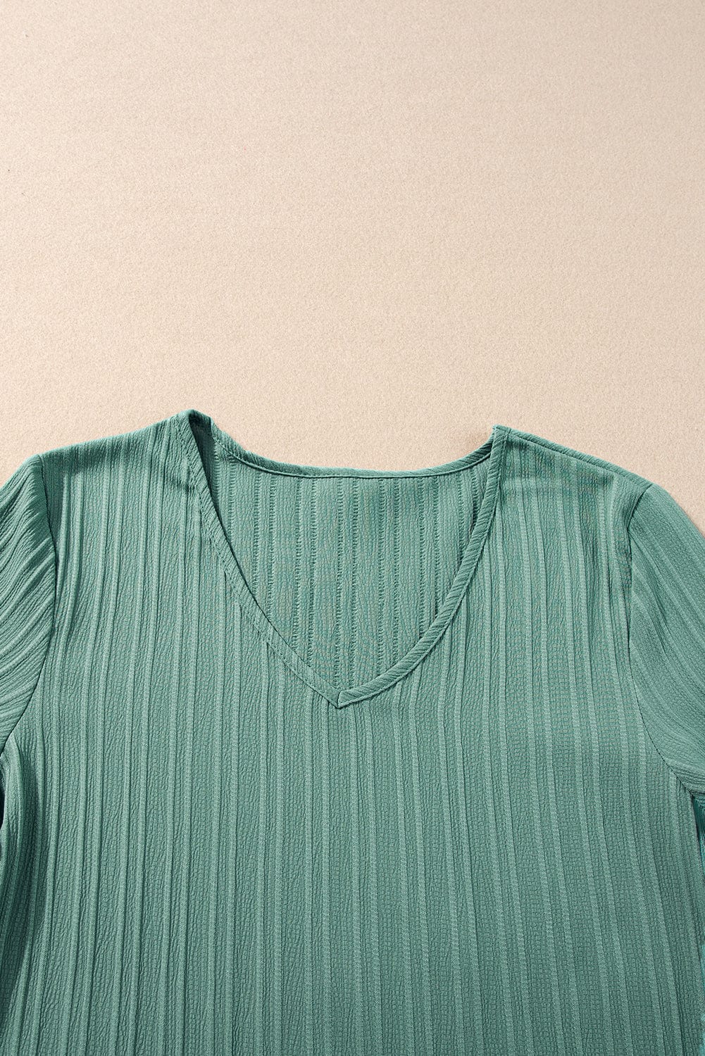 Grassy Green Textured V Neck Ruffle Sleeve Top