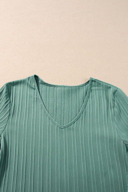 Grassy Green Textured V Neck Ruffle Sleeve Top