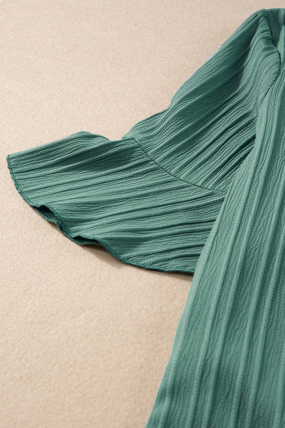 Grassy Green Textured V Neck Ruffle Sleeve Top