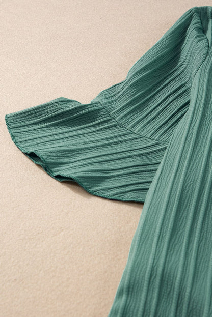 Grassy Green Textured V Neck Ruffle Sleeve Top