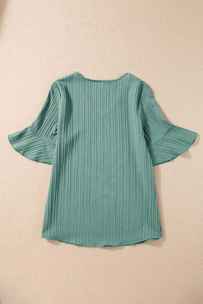 Grassy Green Textured V Neck Ruffle Sleeve Top