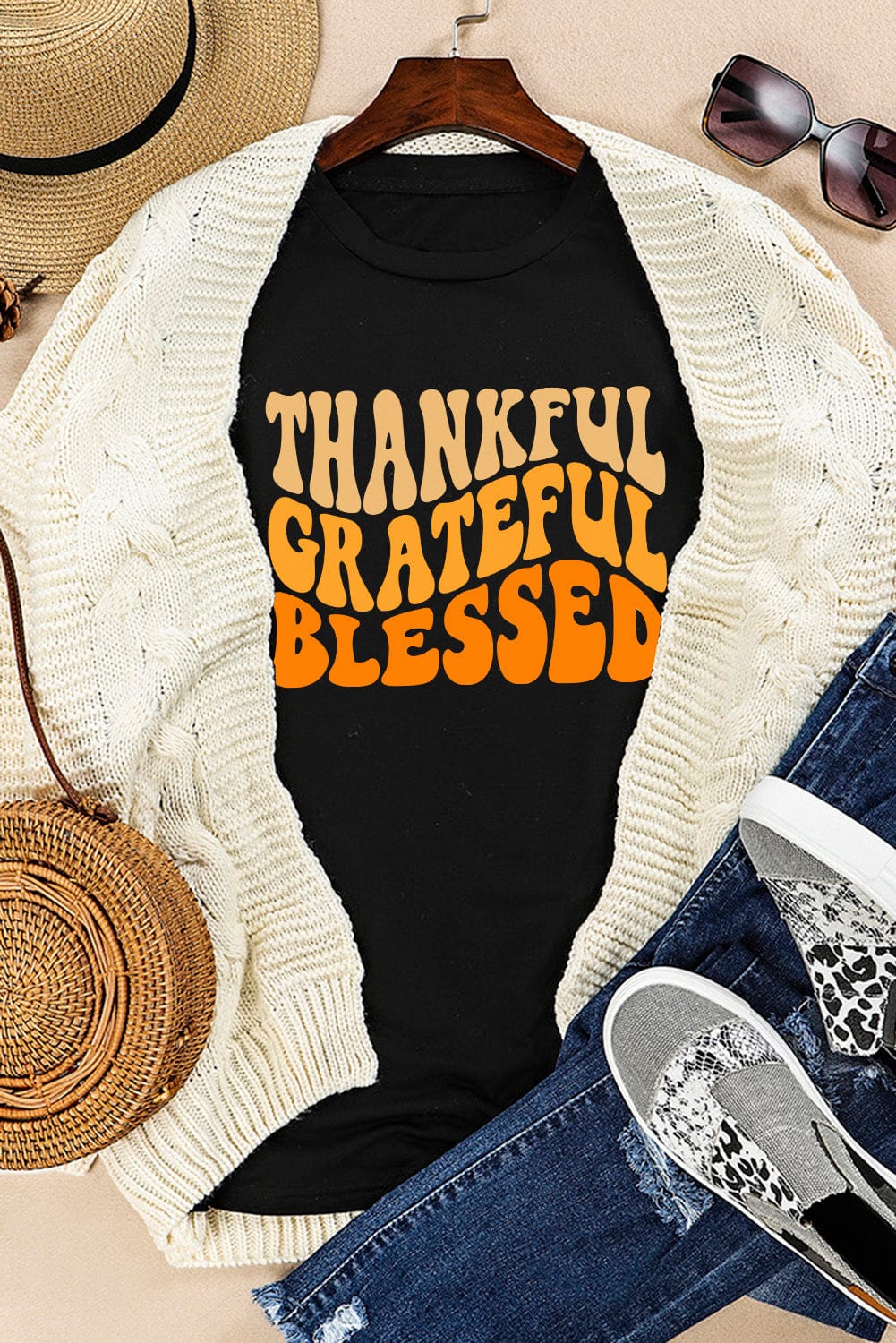 Gratitude Attitude Black Crew Neck Graphic Tee