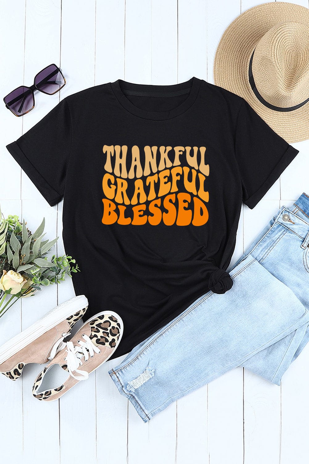 Gratitude Attitude Black Crew Neck Graphic Tee