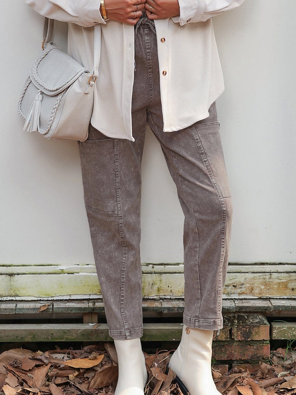 Gray Acid Wash Cargo Pants with Multiple Pockets and Drawstring Waist