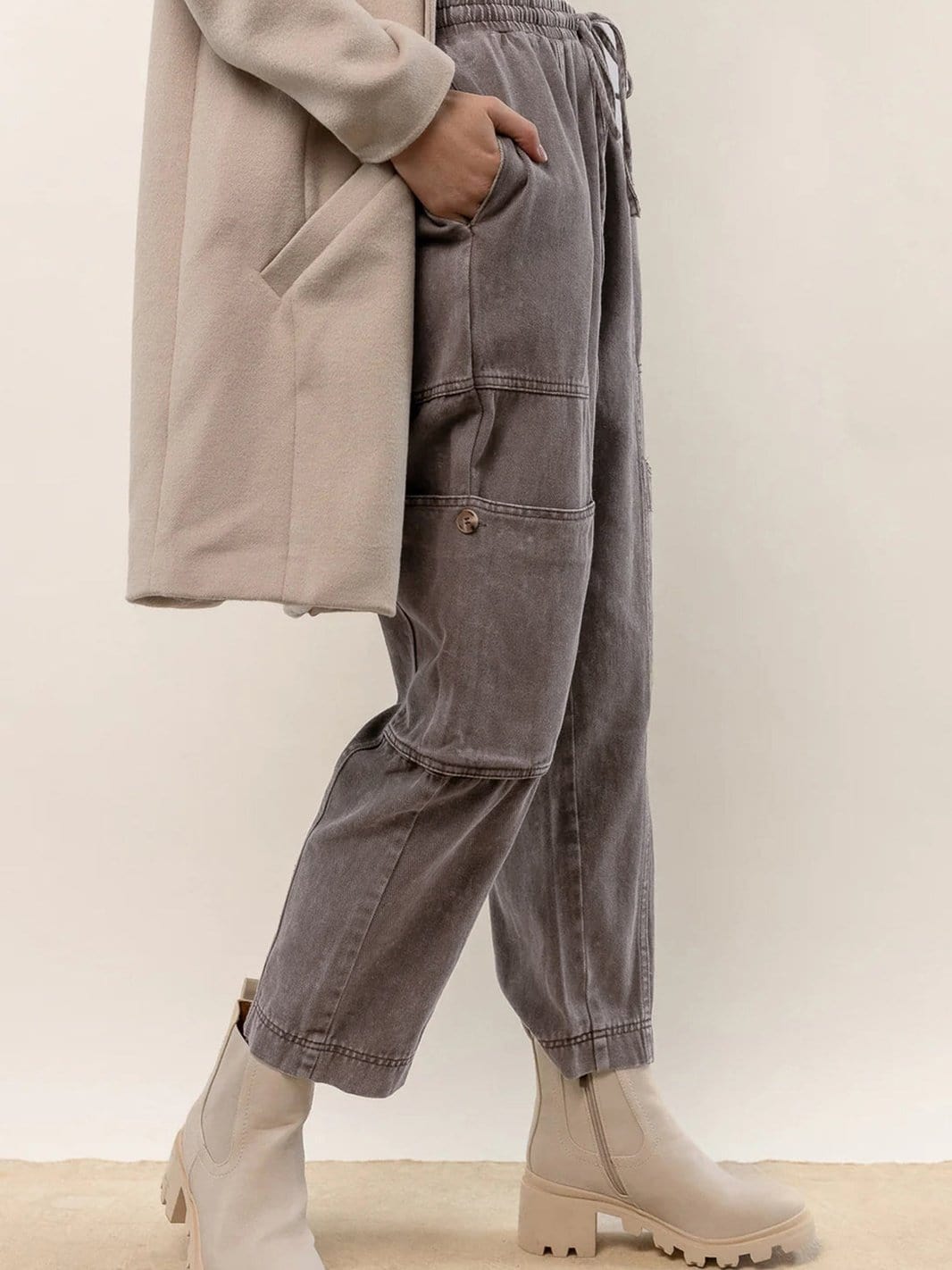 Gray Acid Wash Cargo Pants with Multiple Pockets and Drawstring Waist