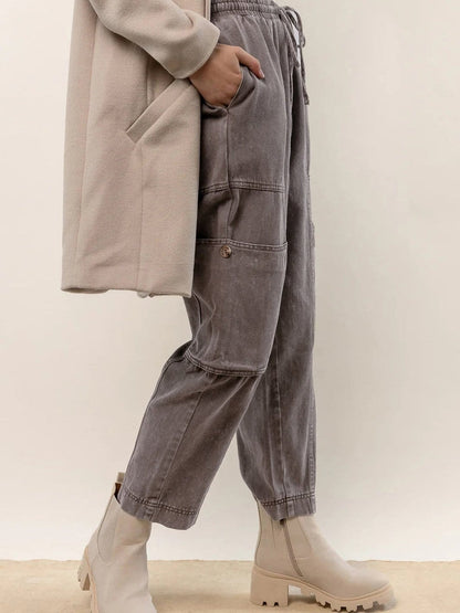 Gray Acid Wash Cargo Pants with Multiple Pockets and Drawstring Waist
