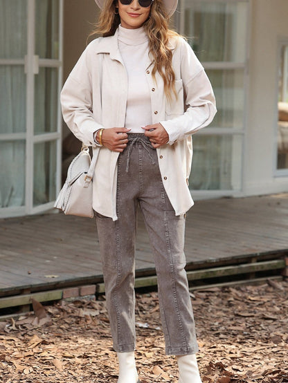 Gray Acid Wash Cargo Pants with Multiple Pockets and Drawstring Waist