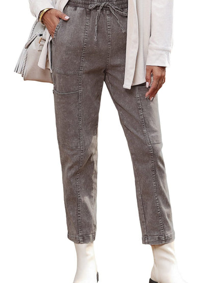 Gray Acid Wash Multi Pocket Drawstring Waist Pants