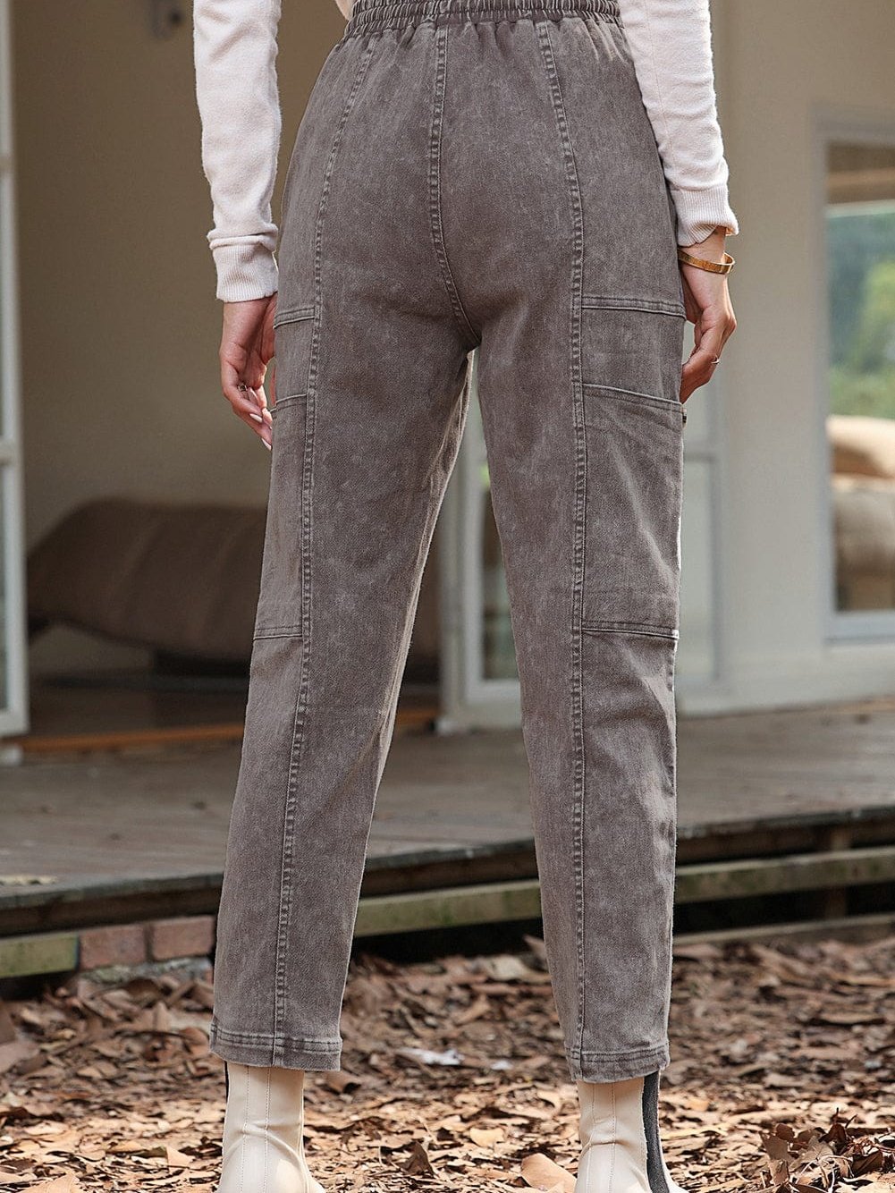 Gray Acid Wash Multi Pocket Drawstring Waist Pants