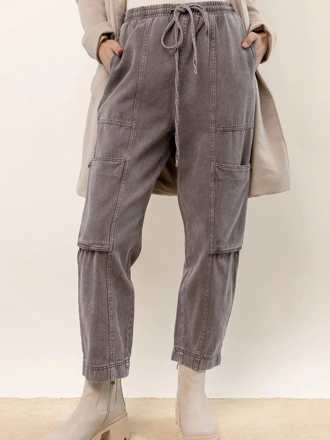 Gray Acid Wash Multi Pocket Drawstring Waist Pants