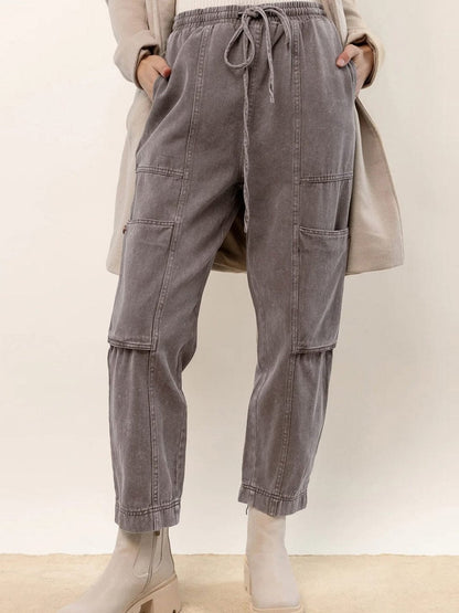 Gray Acid Wash Multi Pocket Drawstring Waist Pants