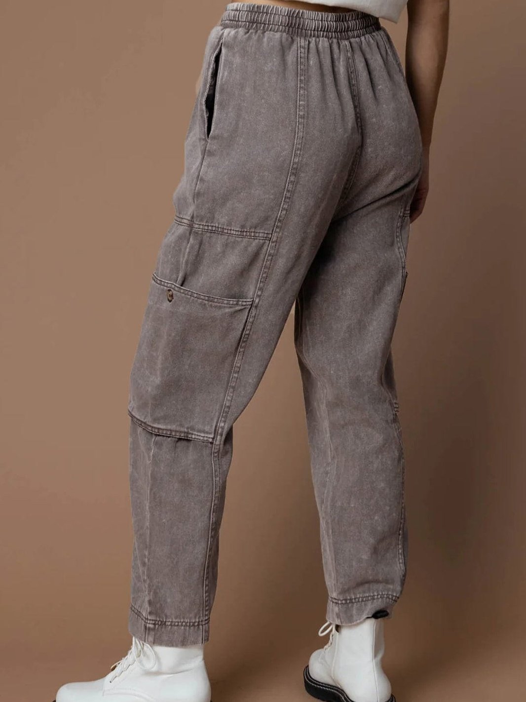 Gray Acid Wash Multi Pocket Drawstring Waist Pants