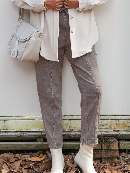 Gray Acid Wash Multi Pocket Drawstring Waist Pants
