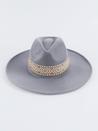 Gray Aztec Embroidery Retro Flat Fedora Hat