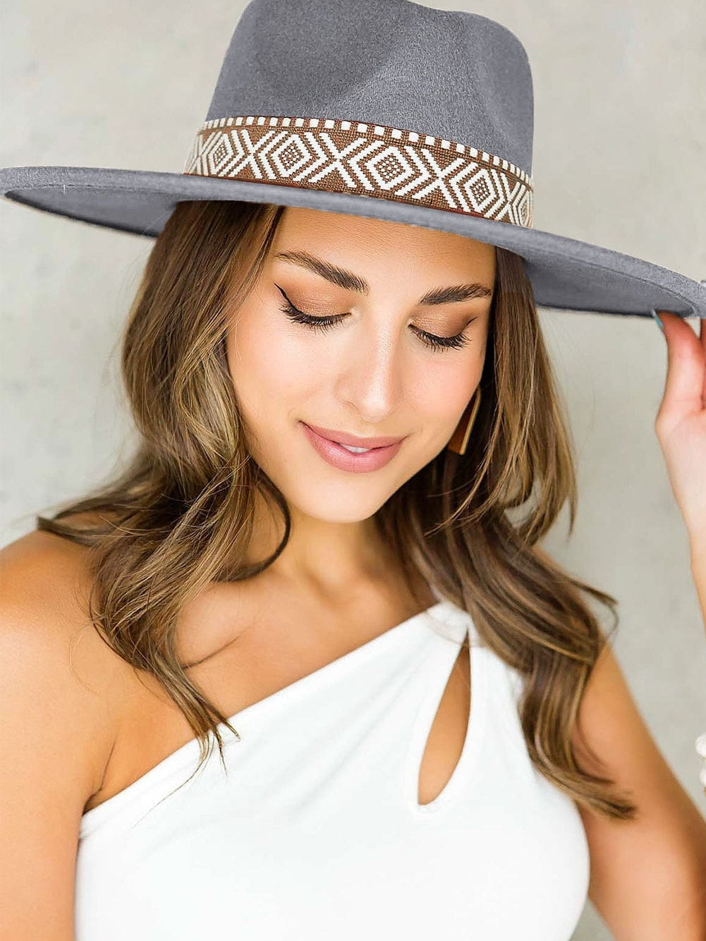 Gray Aztec Embroidery Retro Flat Fedora Hat