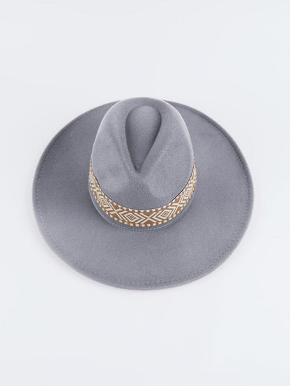 Gray Aztec Embroidery Retro Flat Fedora Hat