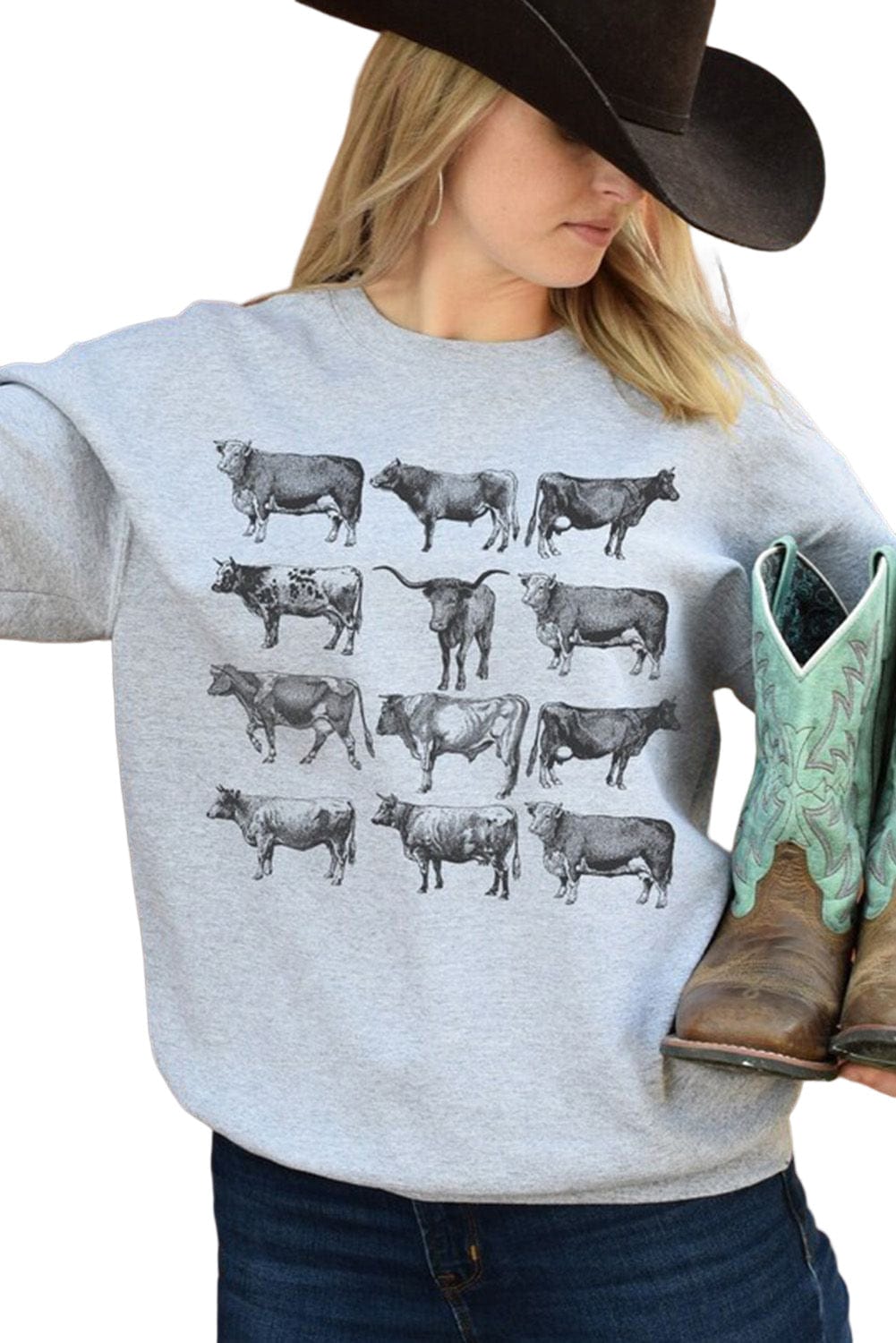 Gray Bull Graphic Print Western Style Long Sleeve Sweatshirt