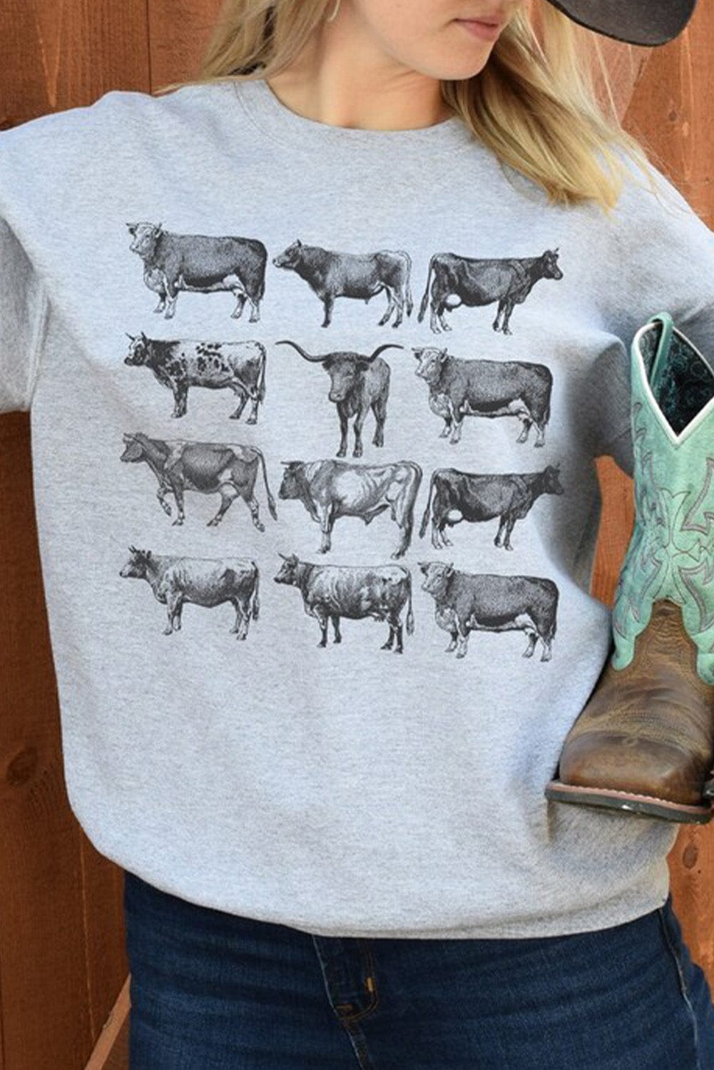 Gray Bull Graphic Print Western Style Long Sleeve Sweatshirt
