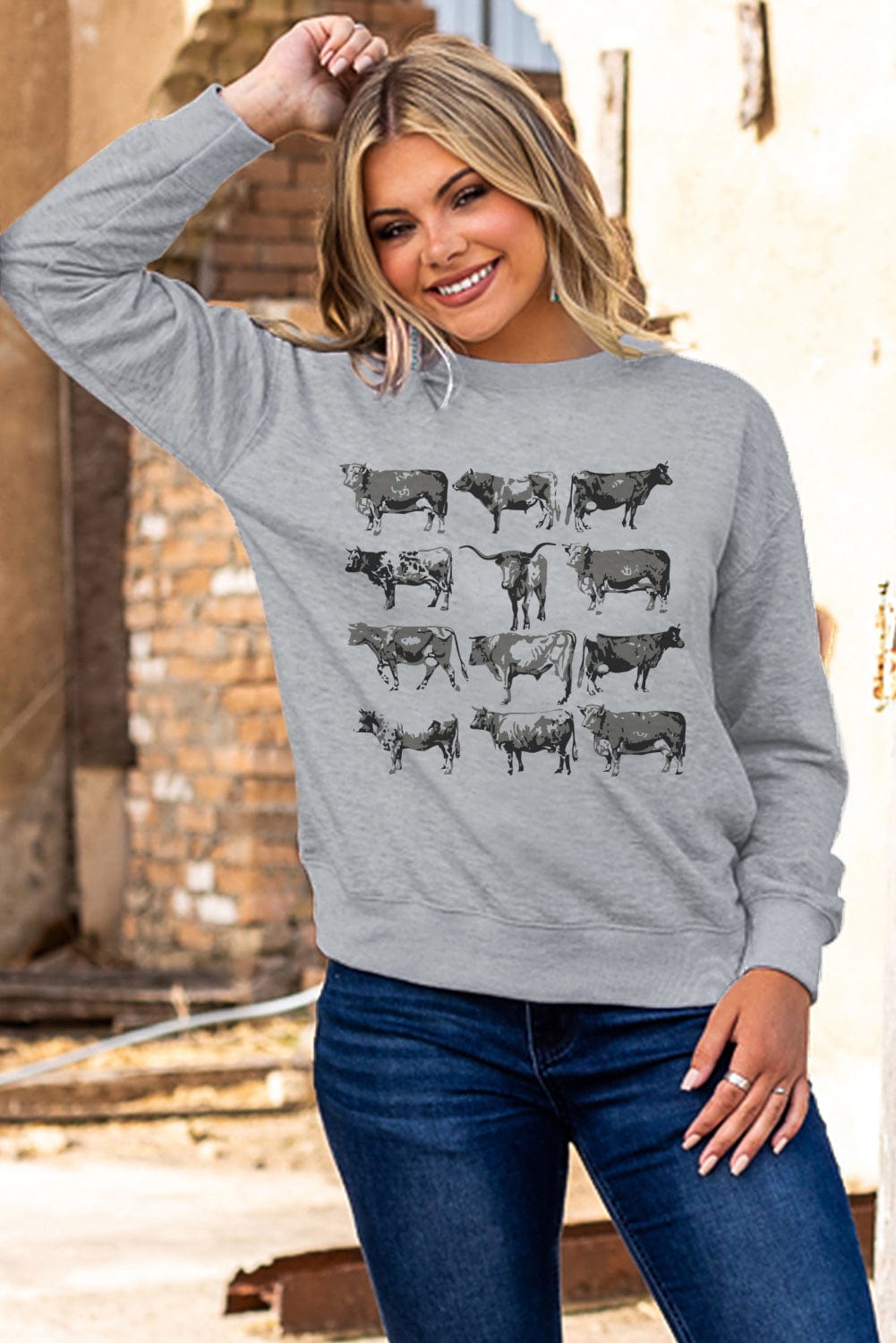 Gray Bull Graphic Print Western Style Long Sleeve Sweatshirt