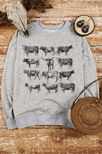 Gray Bull Graphic Print Western Style Long Sleeve Sweatshirt