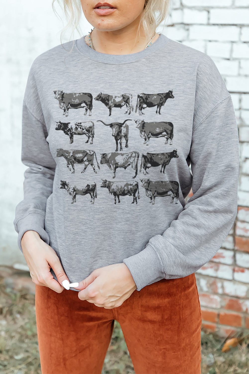 Gray Bull Graphic Print Western Style Long Sleeve Sweatshirt