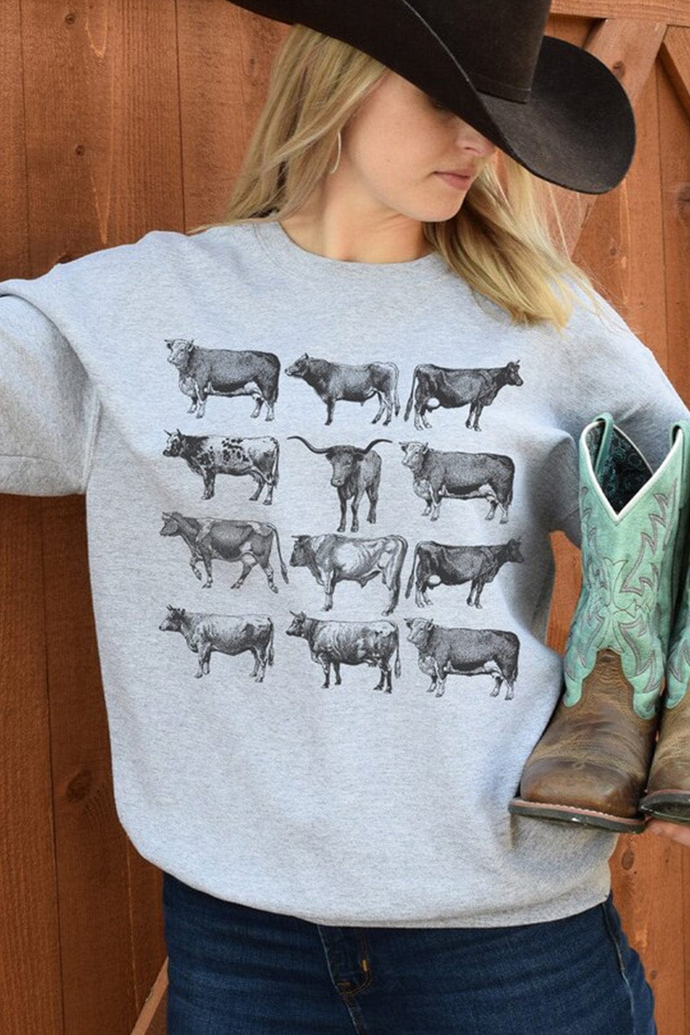 Gray Bull Graphic Print Western Style Long Sleeve Sweatshirt